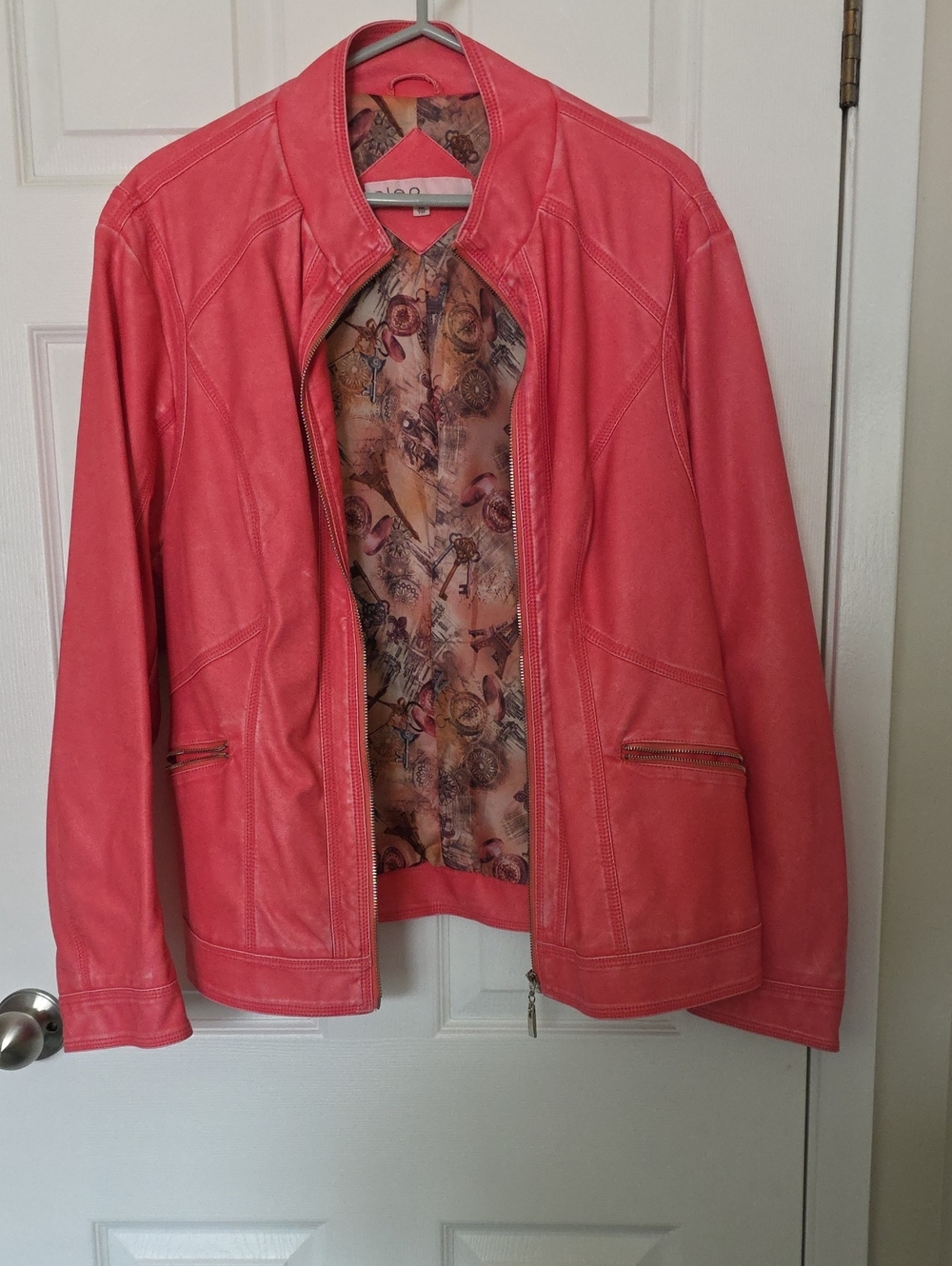 cleo Coral Faux Leather Zip Jacket with Printed Lining